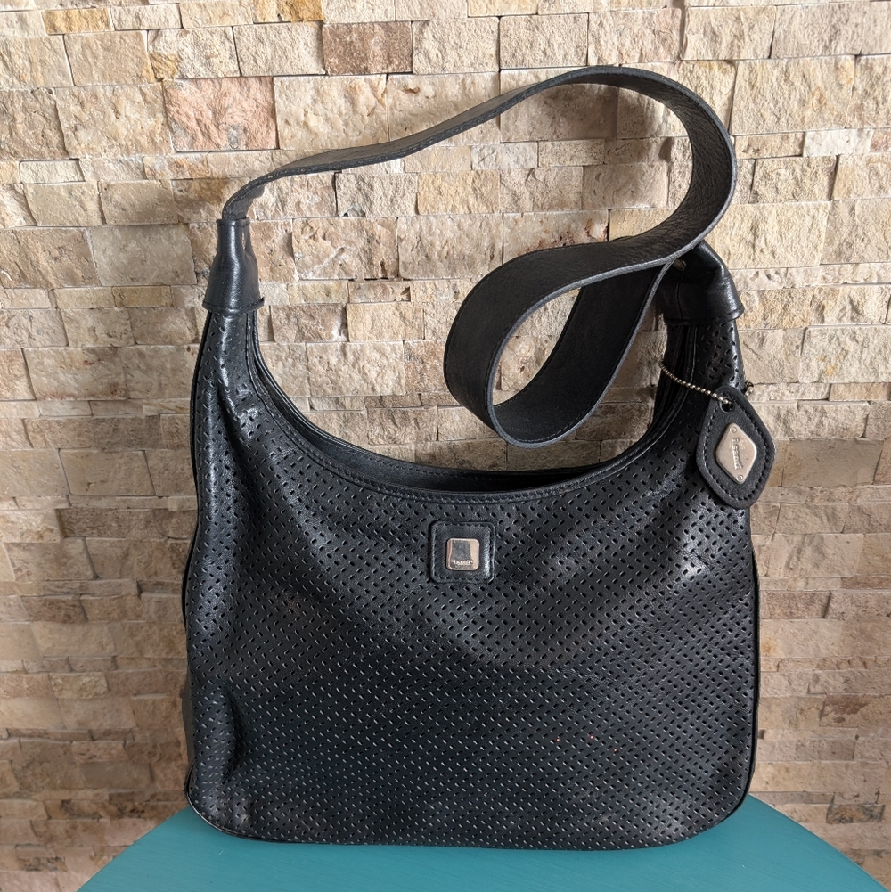 Vintage Made In Italy Perforated Genuine Leather Black Hobo Shoulder Bag Minimal